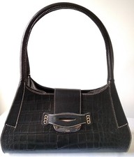 Unique Tod’s Medium Black Leather Crocodile Pattern Embossed Handbag Tote Bag