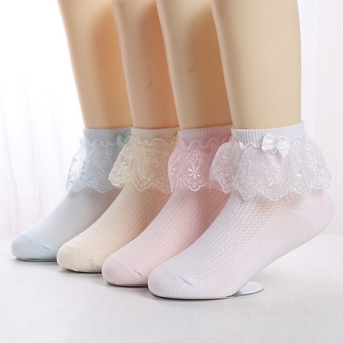 4 Pairs Girls Lace Ruffle Frilly Princess Cotton Socks Kids Dance School Socks - Picture 8 of 11