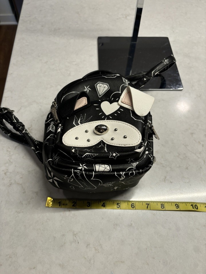 BETSEY JOHNSON Dog Backpack Convertible Crossbody Purse Black White