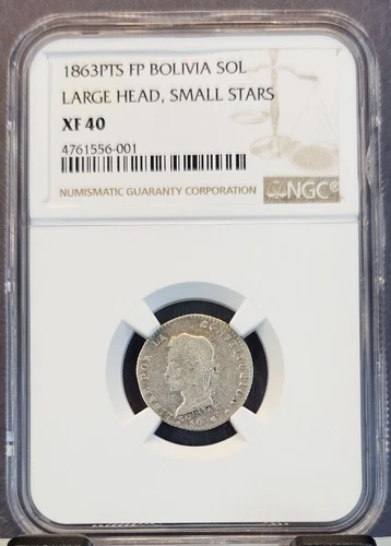 1863 PTS FP BOLIVIA SILVER SOL LARGE HEAD SMALL STARS NGC XF 40 SCARCE COIN