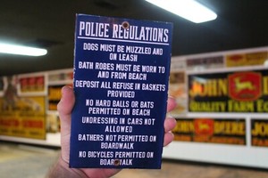 POLICE PARKS BEACH REGULATIONS PORCELAIN SIGN DOGS BATH ROBS BICYCLES GAS OIL
