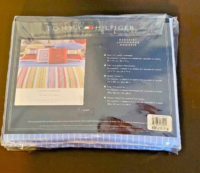 (1) Falda de cama Tommy Hilfiger Lincoln Avenue ~ Rayas azules ~ 14" caída ~ Completa NUEVA Foto 2 de 4