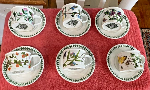 _Set of 6 Portmeirion Botanic Garden Drum Flat Cups & Saucers 2 1/2" tall