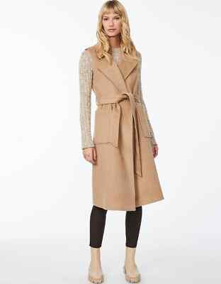 Bernardo Belted Long Vest Coat in Camel Size XS