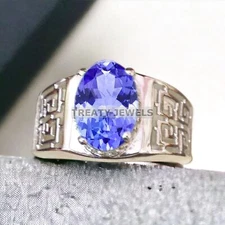 Tanzanite Oval Cut Gemstone With 925 Sterling Silver Ring For Men's #A577 *