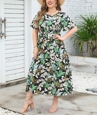 ladies size 10 summer dresses Women's Short Sleeve Round Neck Print Plus Long Dress swatches-isidorah-halter-pleat-mini-dress
