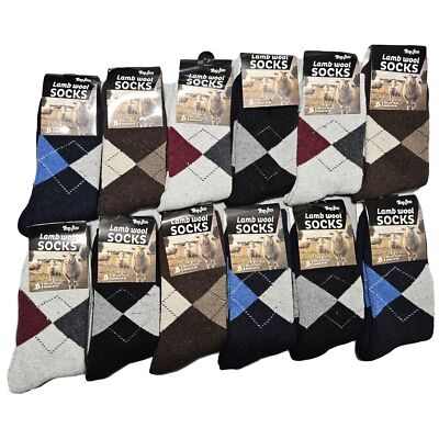 Men Wool Socks 10-13 Warm Winter Lamb Wool Socks in Classic Prints, 12-Pairs
