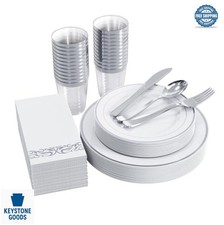 175 Piece Disposable Silver Dinnerware Set For 25 Guests Heavy Duty Plastic