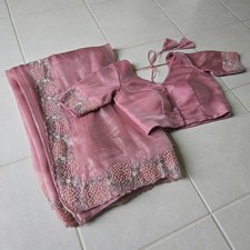 3 Pc Ready to Wear M Modern Soft Organza Saree Shiny Pink Stitched Blouse