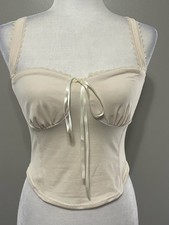 Y2K Cream Camisole Size S/M Cami Top Lace Trim Babydoll Bow Crop Coquette Fitted