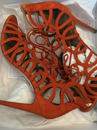 Aquazzura Ooh Lala Lace-Up Gladiator Sandals Blood Orange Suede EU 41 US 10-11