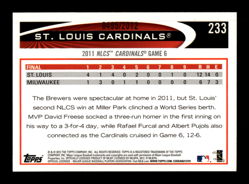 2012 Topps St. Louis Cardinals #233 2011 NLCS Game 6 Gold /2012 - Picture 2 of 2