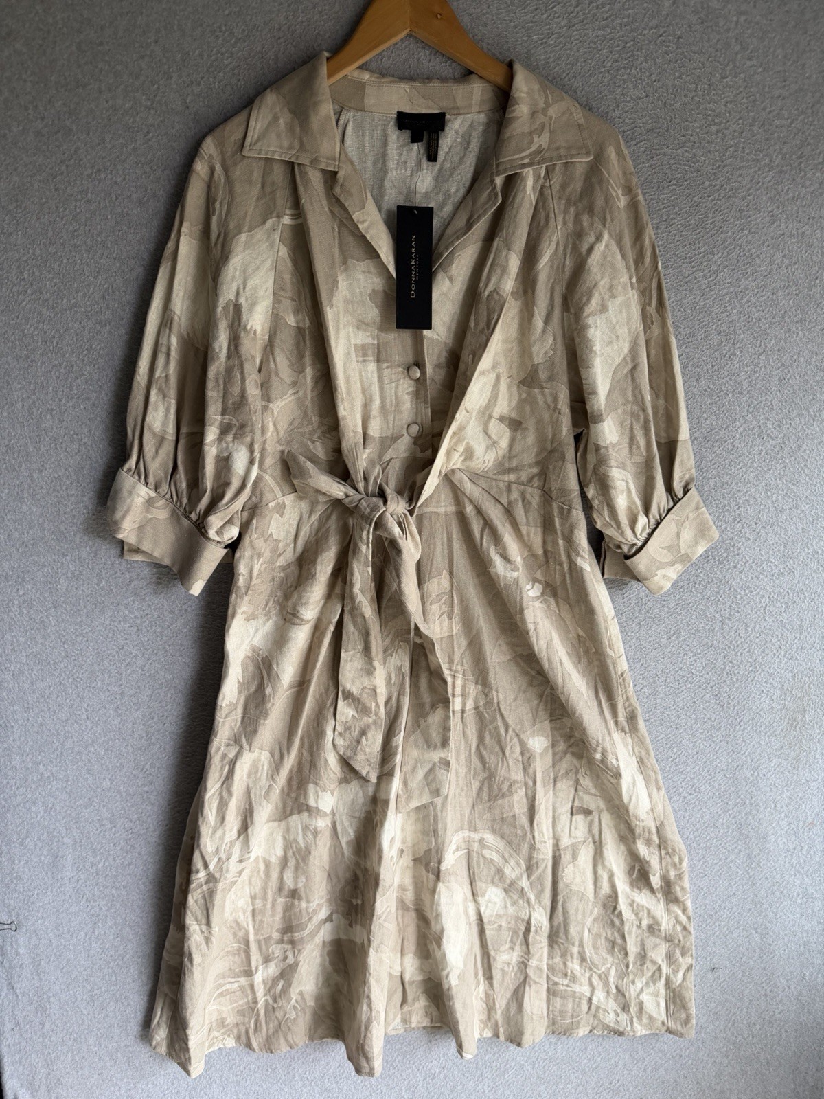 Donna Karan New York Dress Womens 16 Floral Beige Linen Blend Belted NWT