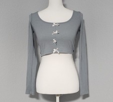 Dazy Muted Blue Long Sleeve Crop Top Ribbed With Bow Accents Size Medium