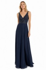 ADRIANNA PAPELL Platinum Bridesmaid Navy Beaded Bodice Chiffon Maxi Gown Dress 8
