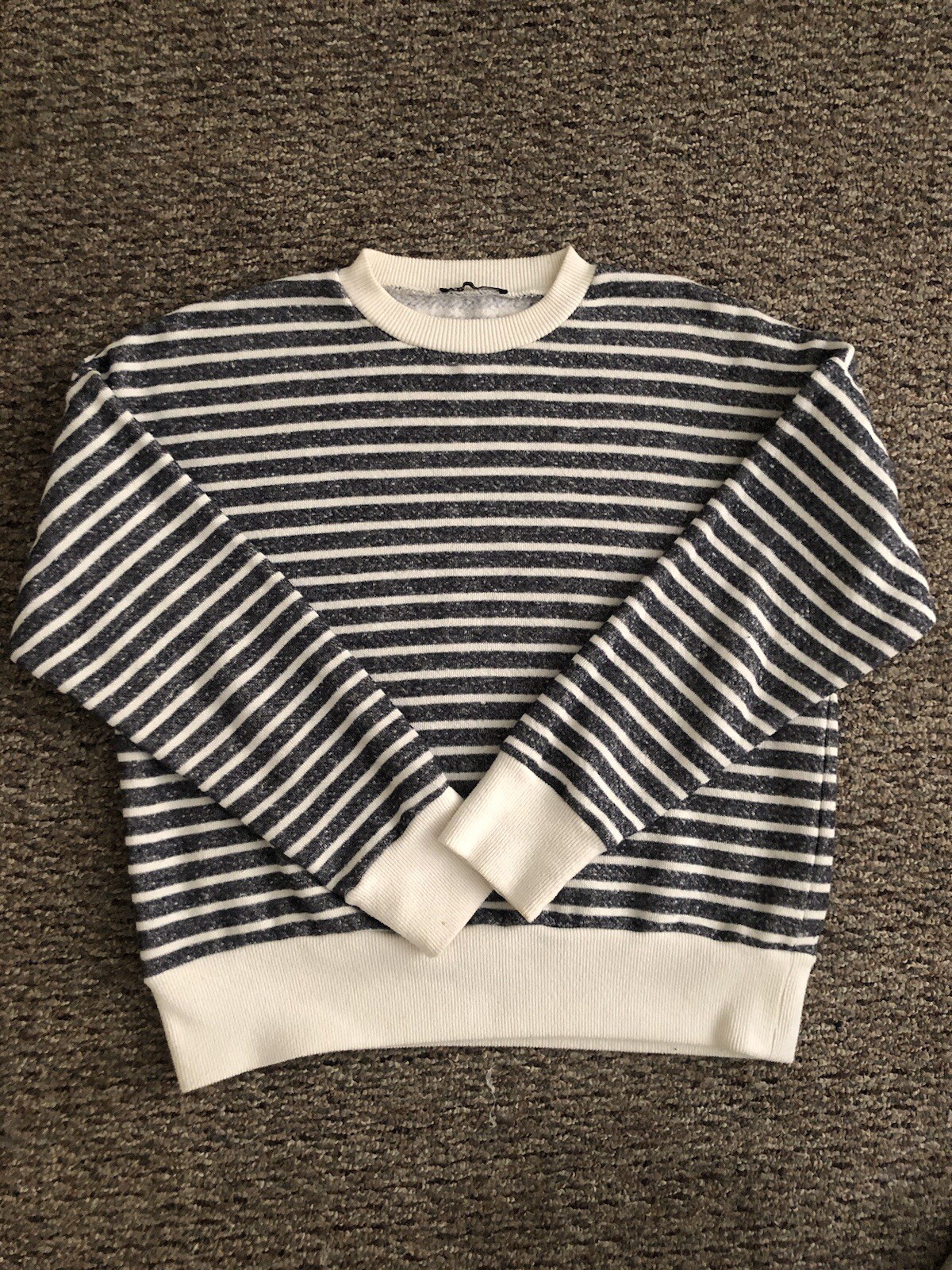 Zara Ivory And Gray Striped Crewneck Knit Sweater Size M