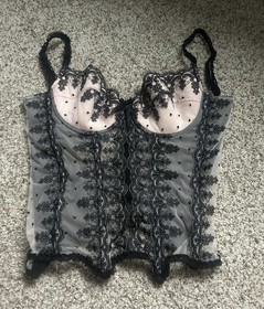 Agent Provocateur 34D Black/Pink Lace Mesh Polka Dot Boned Bustier Corset