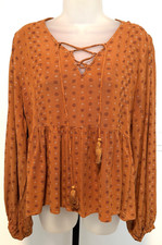 Shyanne Baby Doll Blouse Long Sleeve Pullover Lace up Front Sz M Cowgirl Rodeo