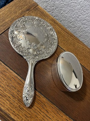 Vintage Vanity Set Silver Tone Hand Mirror + Jewelry Trinket Box Red VelvetLined