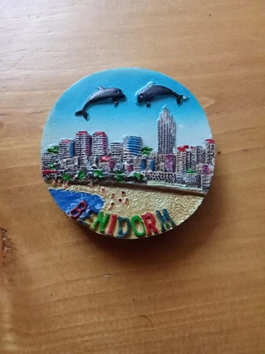 Souvenir Fridge Magnet Benidorm Round Beach Castle Views Dolphin  - Image 1 of 4