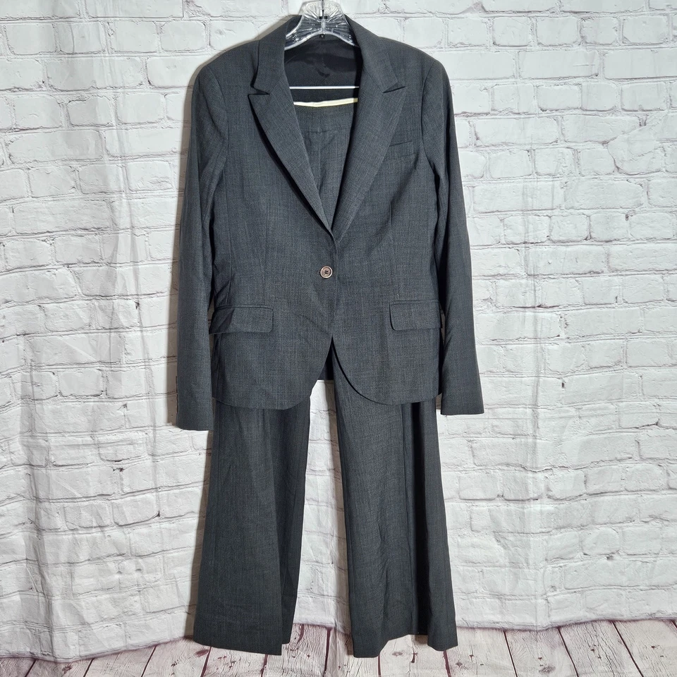 Theory Womens 12 Suit Set Blazer Pants Gray Wool Blend 2 Piece 1 Button Gray - Image 2 of 4