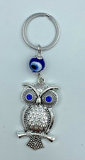 Owl Keychain Silver Alloy with Blue Eyes and Charm Good Luck New