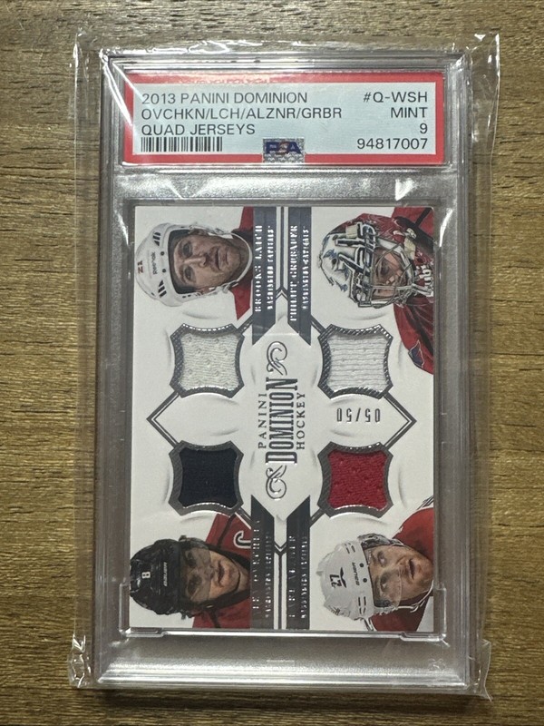 2013 DOMINION OVECHKIN/LACH/ALZNR/GRBR QUAD JERSEY 3CLR/50 PSA MINT 9