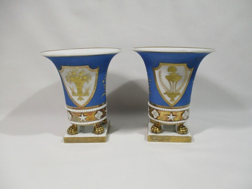 ANCIENNE PAIRE VASE CORNET EPOQUE EMPIRE PORCELAINE DE PARIS DECOR OR FIN - Picture 3 of 12