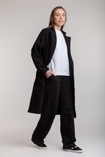 Women fall coat, long black coat, belted oversized cotton coat, warm womens coat