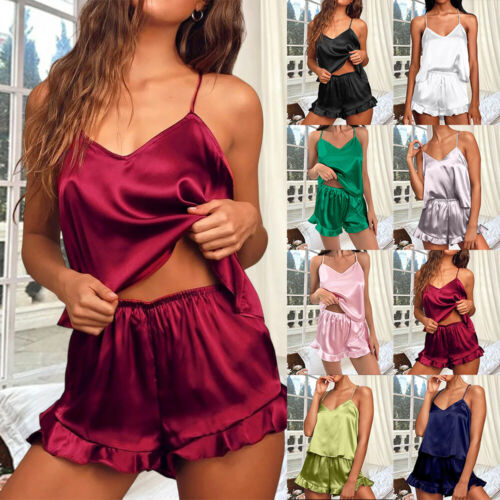Women Sexy Satin Silk Cami Vest Shorts Lingerie Underwear Pajamas Loungewear Set