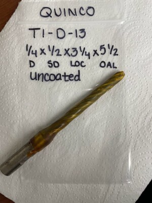 QUINCO T1-D-13 1/4'' DIA 1/2'' SHK 3-1/4 LOC 5-1/2 OAL UNCOATED