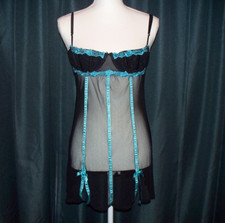 FREDERICK'S OF HOLLYWOOD BLACK MESH BALCONETTE SLIP CHEMISE W/BLUE SIZE M EUC