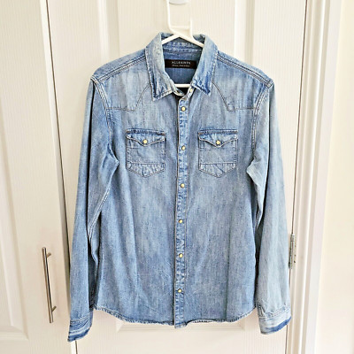 ALLSAINTS Men's Pearl Snap Distressed Denim Shirt Sz S Suqi Western Shirt