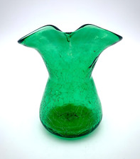 VTG MCM Hand Blown Rainbow Art Glass Vibrant Kelly Green Crackle Pinched Vase