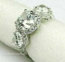3-Stone Halo Wedding Ring 2.95CT Lab-Created Round Cut Diamond 14K White Gold FN
