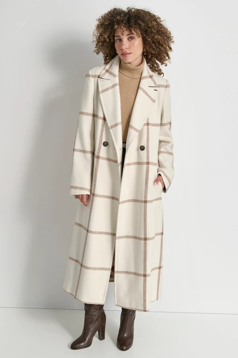 $350 DKNY Women's Wool Wrap Coat, Cream Plaid , PXXL | eBay