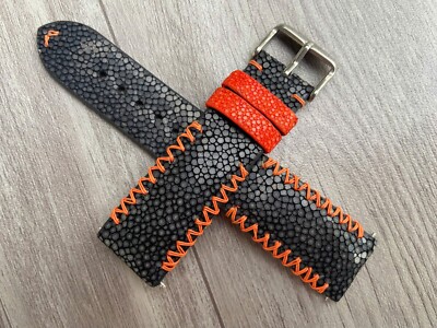 Size 22mm/20mm, Handmade Black Stingray Leather Watch Strap Band, Custom Strap