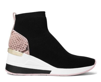 New Michael Kors Skyler Slip On Sneakers Booties black Snake Pink wedge heel