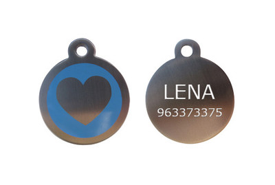 Medaglietta Per Cane/Gatto A Forma Di Cuore - Blu Anodizzato Con Catenella - Incisione Personalizzata (34x31 Mm)