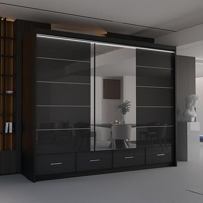 Kleiderschrank Hochglanz Schiebetüren 257cm Schrank LED Licht Regale Hängeschiene