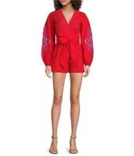 NWT Chelsea & Violet Sz L Livvy V-Neckline Long Sleeve Crochet Detail Romper