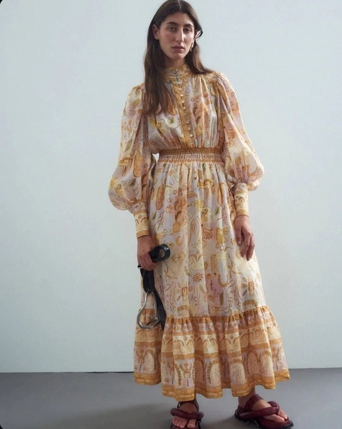 Vestido ALEMAIS Talla AU 10/US 6 Solitario Midi Lino Manga Larga Abullonada Cuello Alto