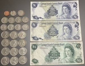 3 Banknotes $1 $5 ~ 1971 & 23 Coins ~ 10c 25c ~ 1972 1977 1982 ~ Cayman Islands