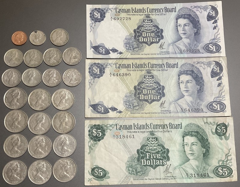 3 Banknotes $1 $5 ~ 1971 & 23 Coins ~ 10c 25c ~ 1972 1977 1982 ~ Cayman Islands