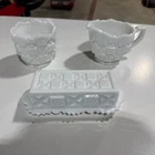 Set Of 3 Vintage Westmorland Quilt Pattern Butter Dish , Milk Glass, Creamer
