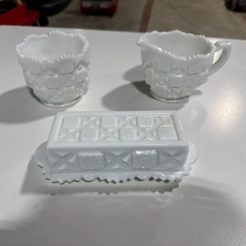 Set Of 3 Vintage Westmorland Quilt Pattern Butter Dish , Milk Glass, Creamer
