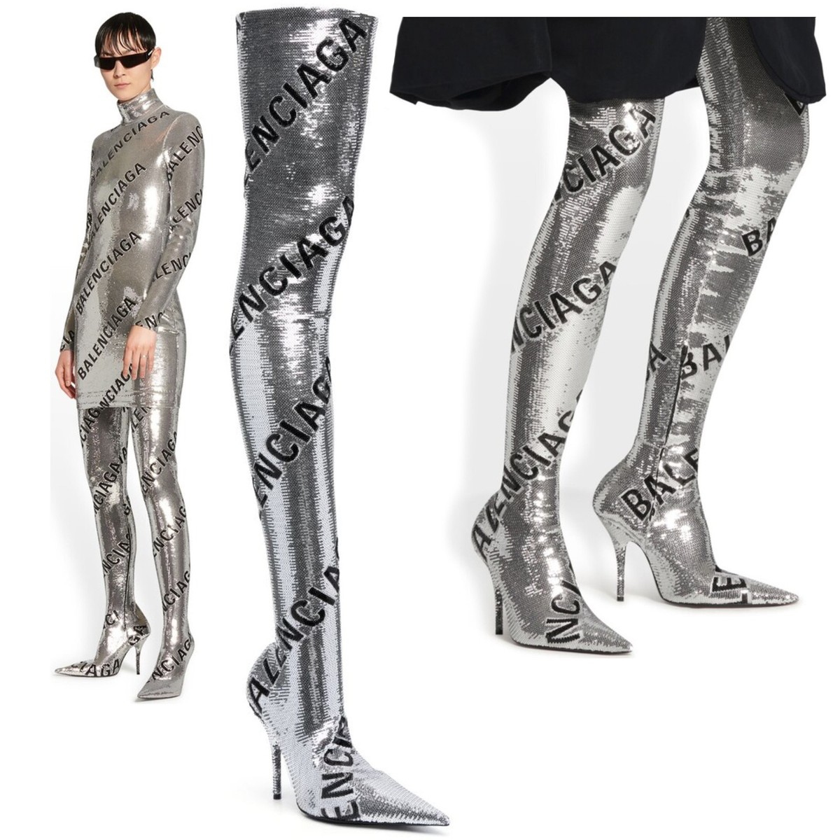 BALENCIAGA BOOTS KNIFE OVER THE KNEE THIGH HIGH LOGO SEQUIN