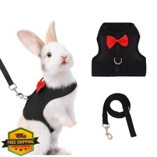 AIITLE Rabbit Harness Leash Set Black L Soft Breathable Mesh Bow