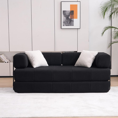 79.92'' Convertible Folding Sofa Bed with 2 Pillows, Black Futon Sleeper