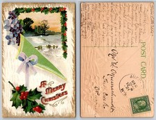 Vintage 1921 Christmas Postcard Winter Castle Scene Holly Embossed Postmarked